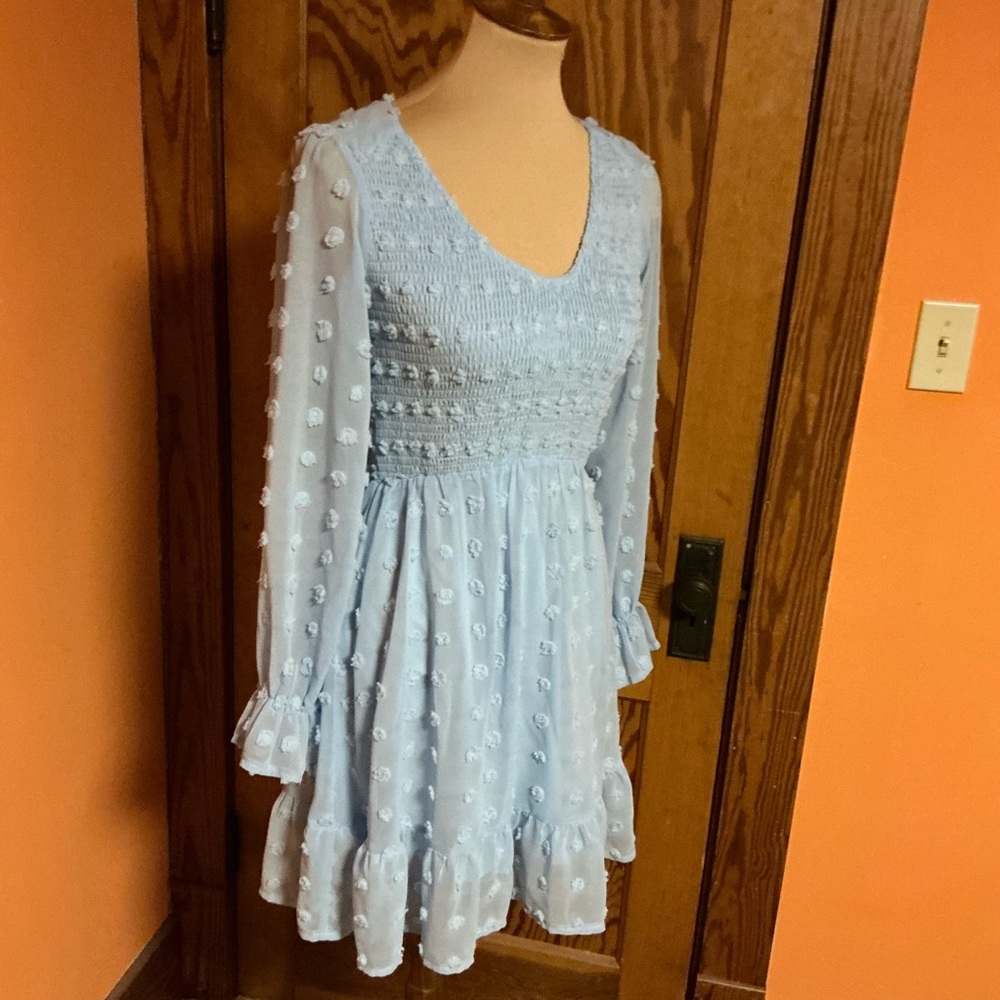 BTFBM Light Blue Swiss Dot Smocked Dress Boho Romantic Long Sleeve Ruffle Hem - Picture 9 of 10